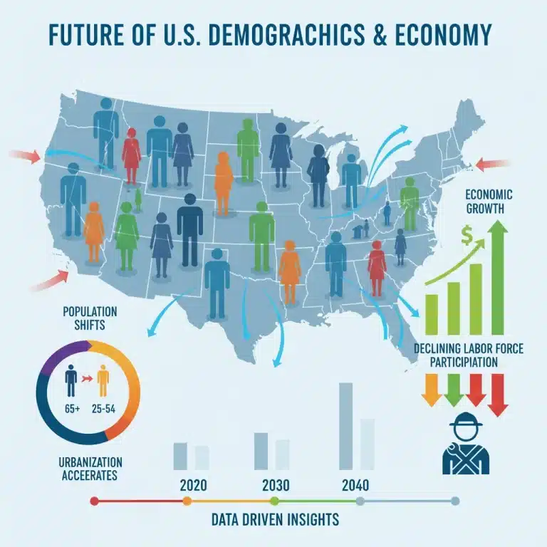 Diverse population interacting with economic trend graphs and symbols, representing demographic shifts impact on US economy.
