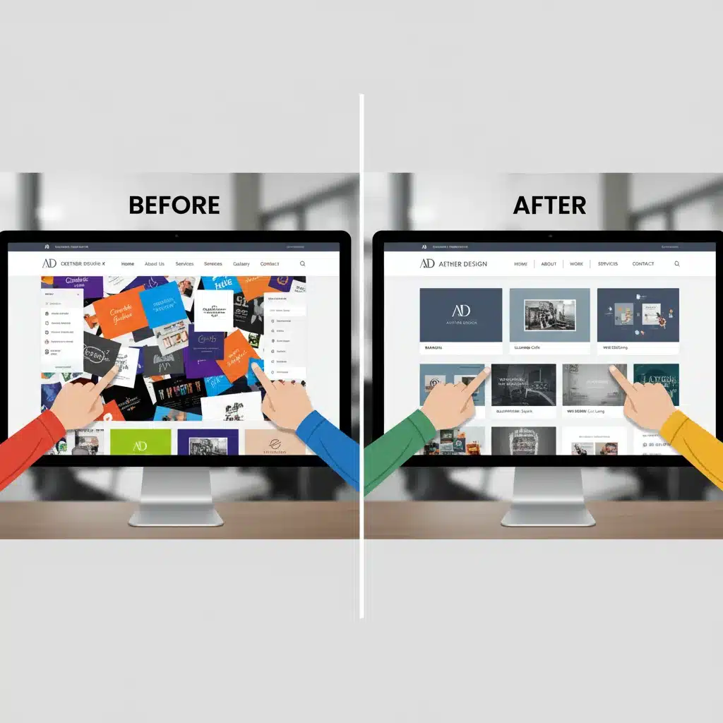 Before and after comparison of a digital portfolio design showing improvement