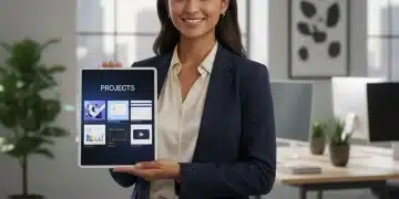 Professional US job seeker showcasing a modern digital portfolio on a tablet