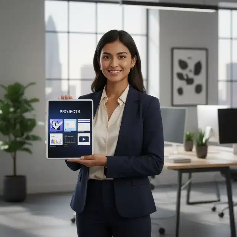 Professional US job seeker showcasing a modern digital portfolio on a tablet