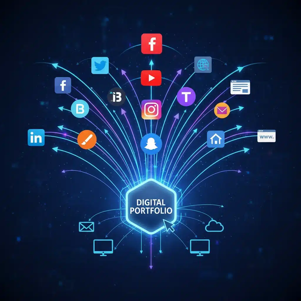 Diagram illustrating cross-platform promotion and linking to a central digital portfolio