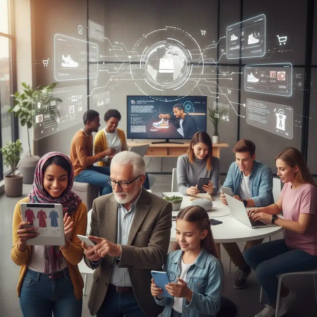 Diverse consumers engaging in digital shopping across multiple devices, reflecting personalized retail experiences.