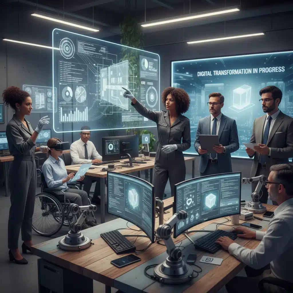 Professionals collaborating in a digital office, exemplifying digital transformation and automation.
