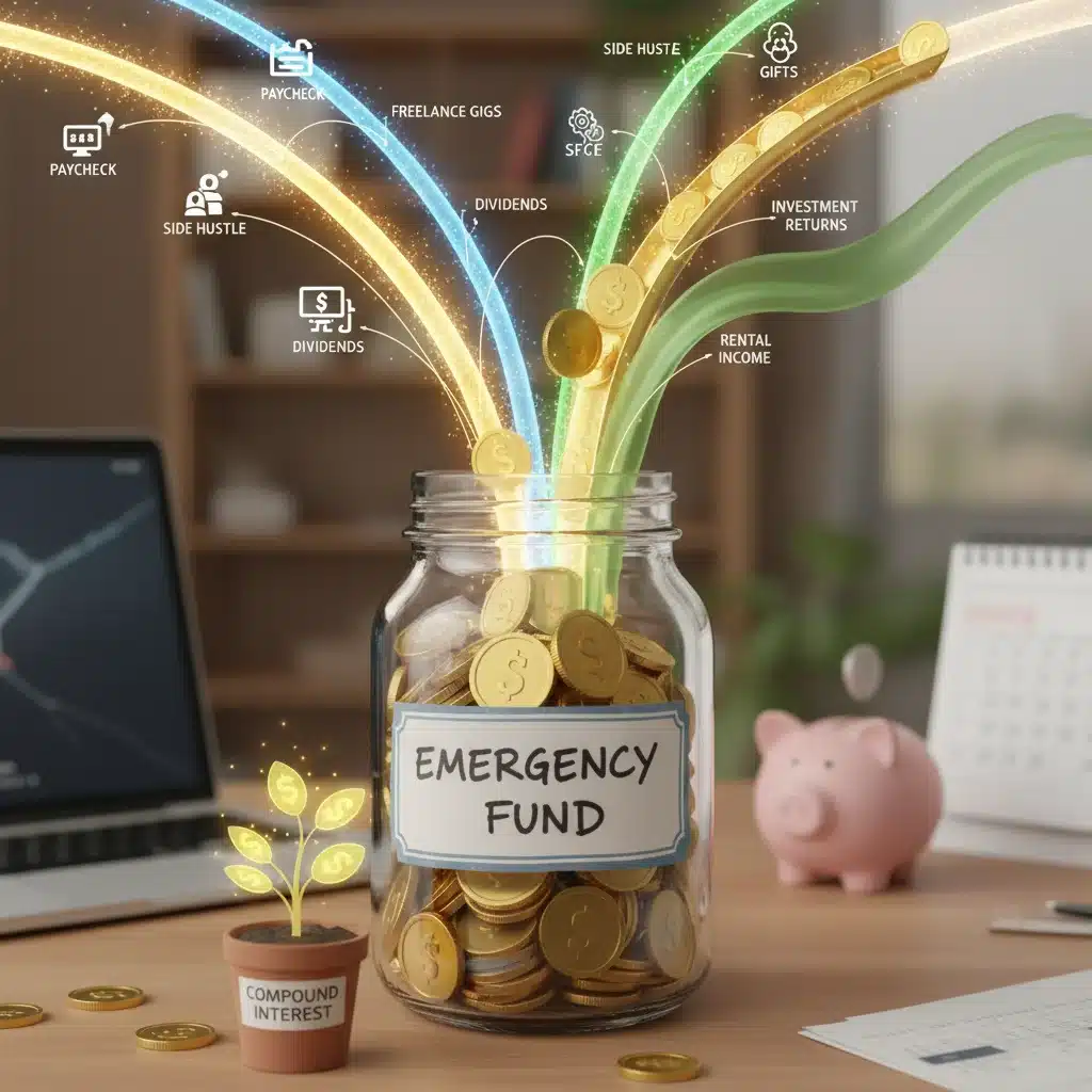 Multiple income streams flowing into an emergency fund savings jar.