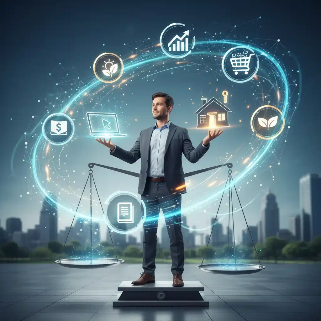 Person juggling multiple digital income streams, symbolizing financial diversification and stability in the gig economy.