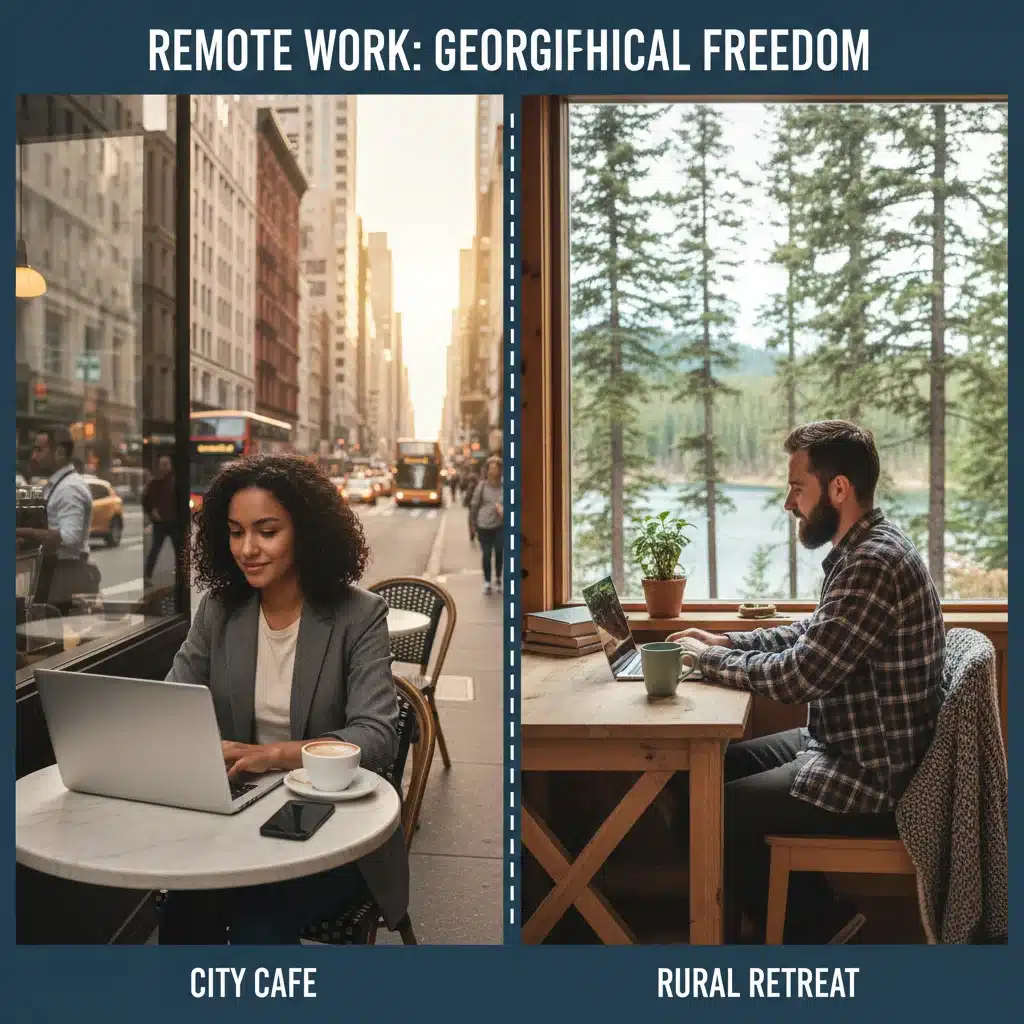 Diverse remote work environments: city cafe and rural cabin