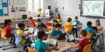 Diverse students using EdTech tools in an equitable classroom setting.