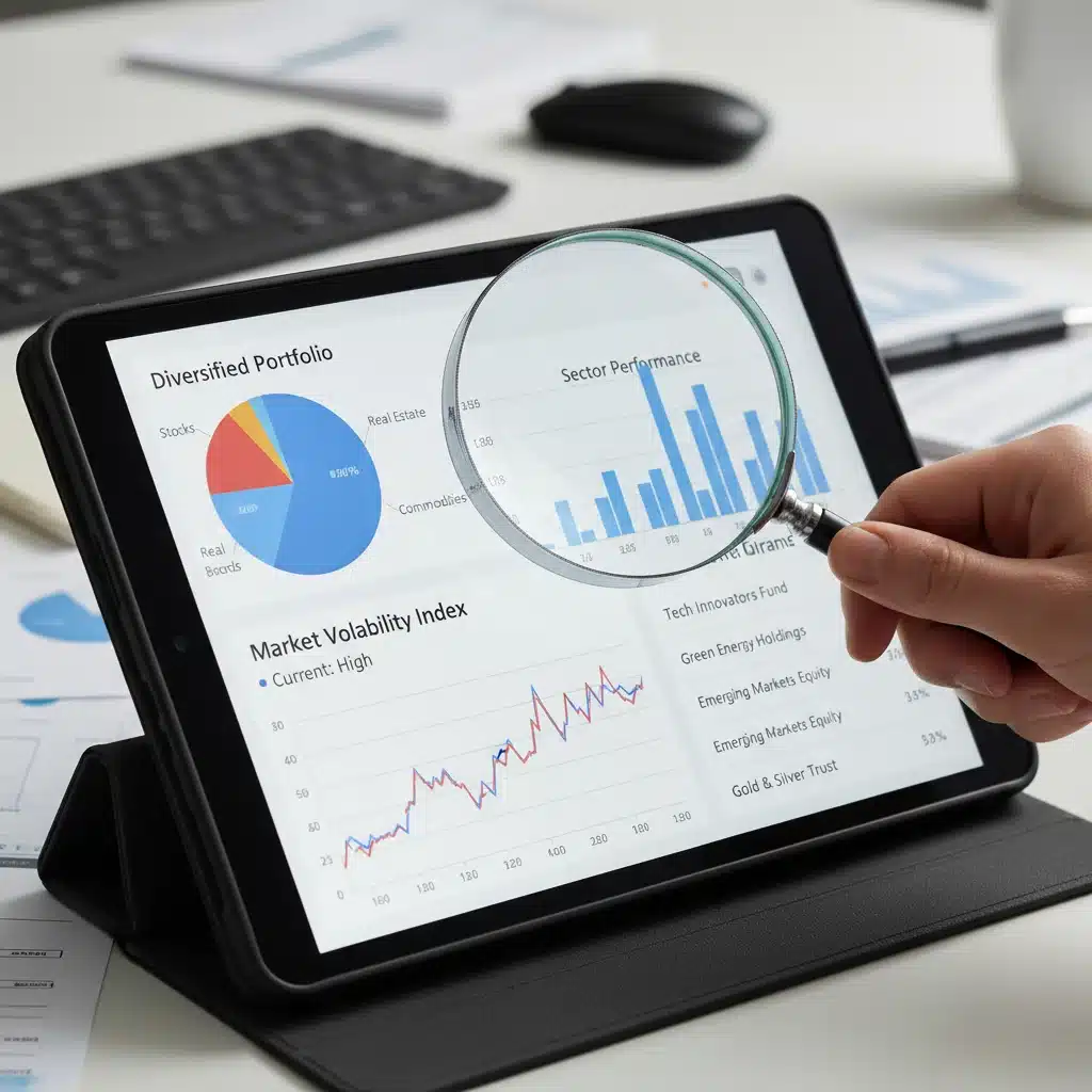 Hand with magnifying glass analyzing diversified investment portfolio on a tablet.