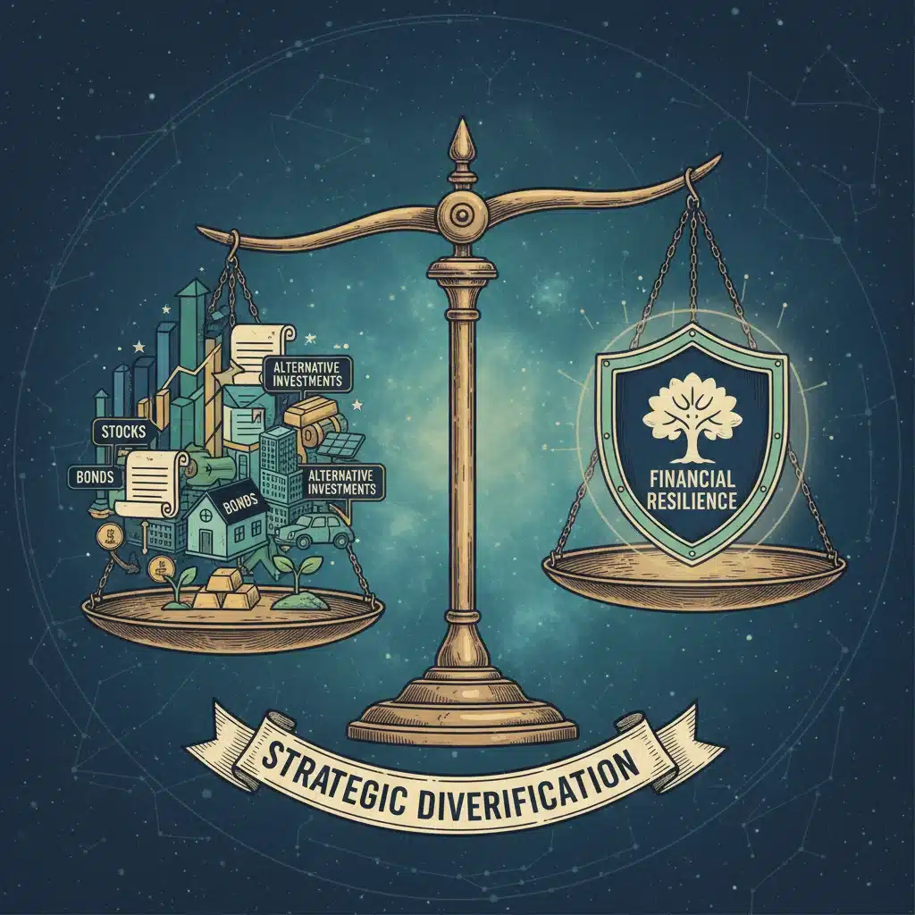Diversified investment portfolio graphic showing balanced asset allocation for financial resilience.