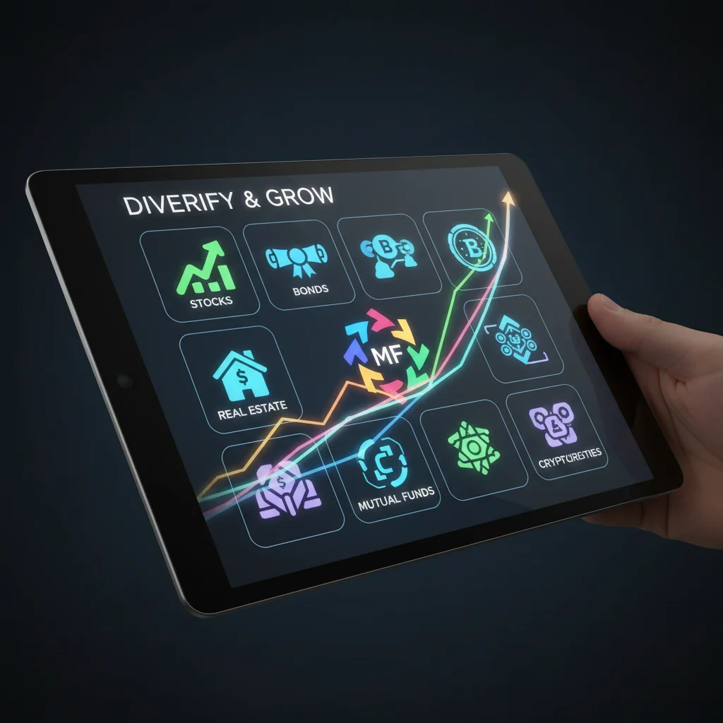 Diverse investment portfolio icons representing different asset classes