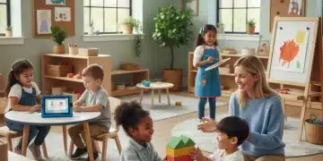 Children engaged in playful learning activities in a modern classroom, highlighting early childhood education trends.