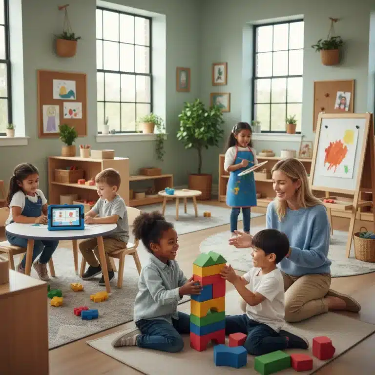 Children engaged in playful learning activities in a modern classroom, highlighting early childhood education trends.