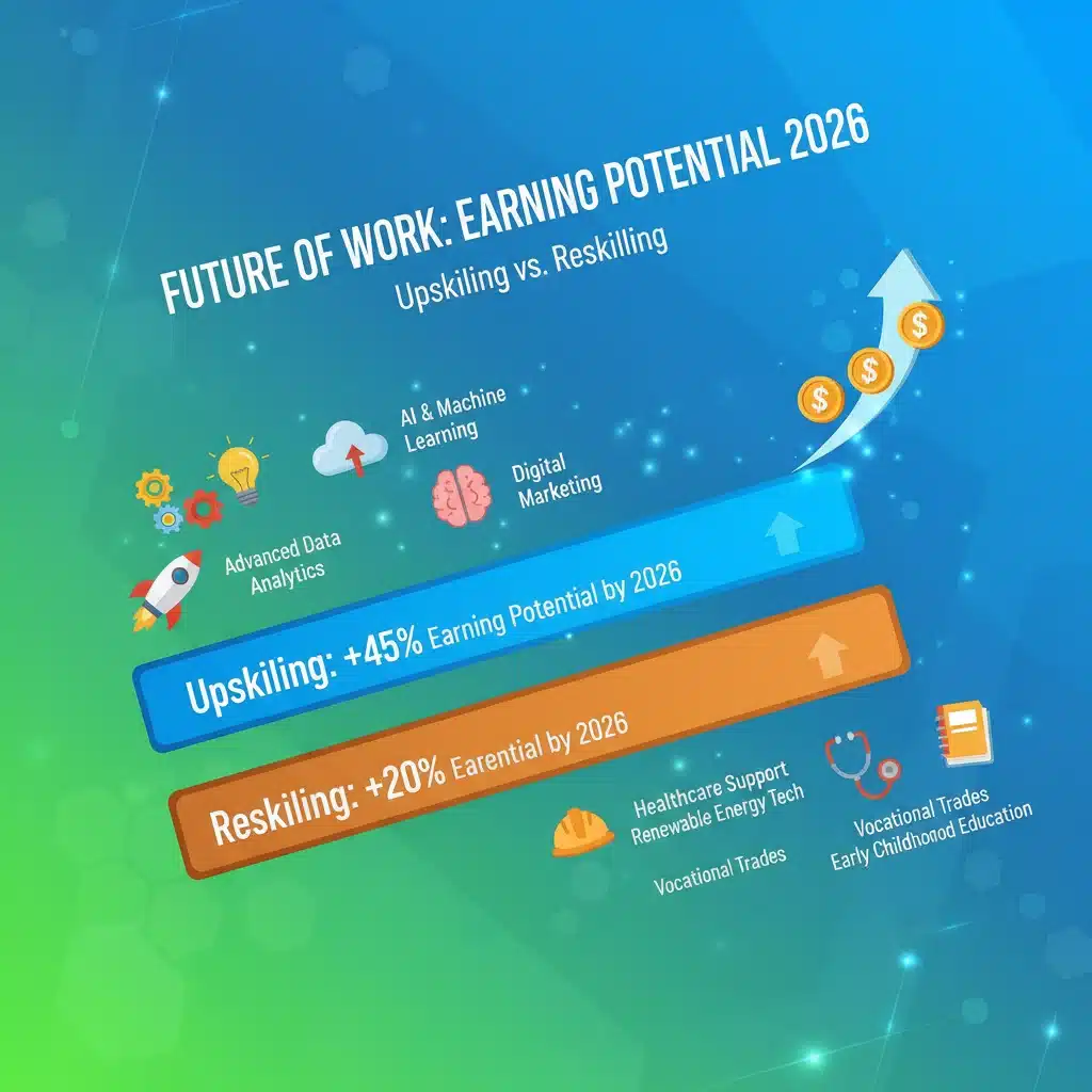 Infographic comparing earning potential of upskilling versus reskilling by 2026.