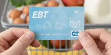 EBT card held by hands with groceries, representing SNAP benefits.