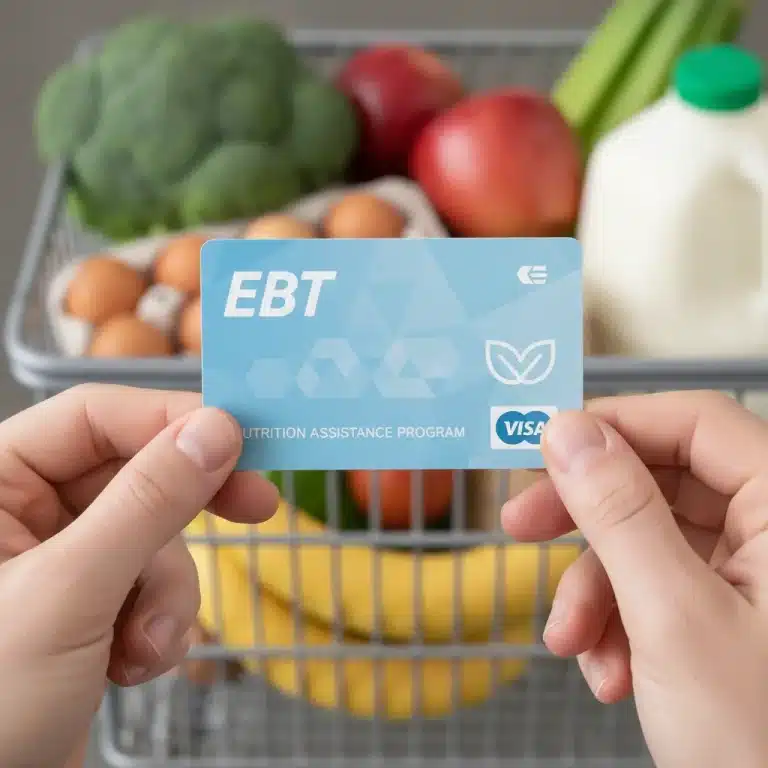 EBT card held by hands with groceries, representing SNAP benefits.