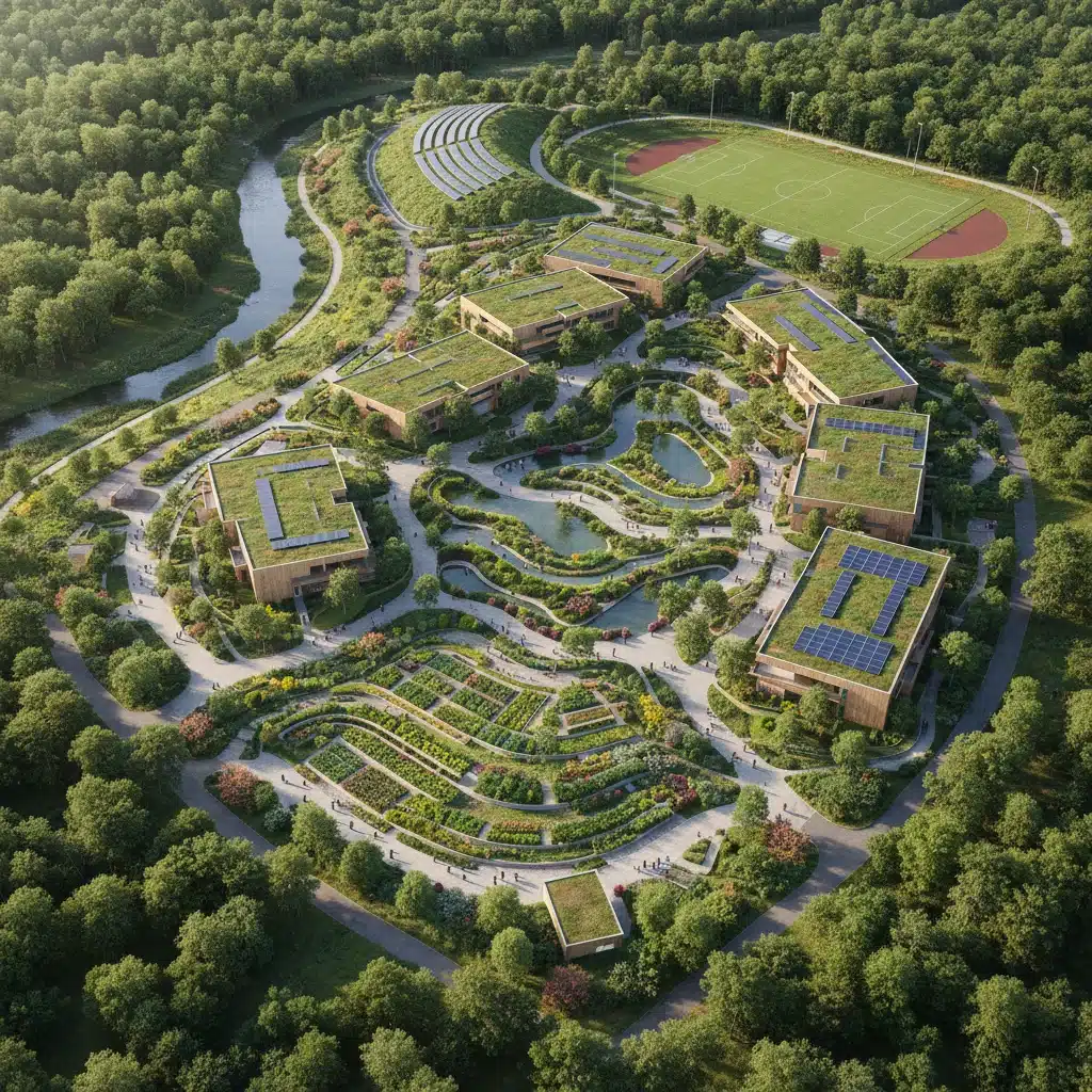 Aerial view of an eco-friendly school campus with green design elements.