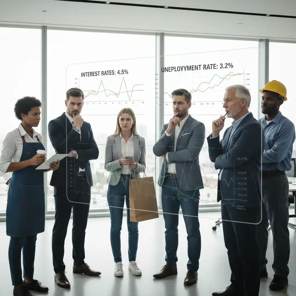 Diverse group contemplating economic indicators and interest rate impacts