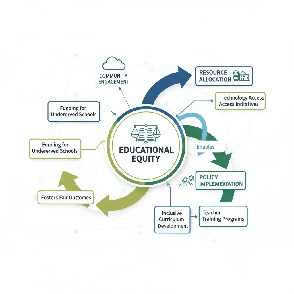 Infographic showing interconnected concepts of education policy and equity.