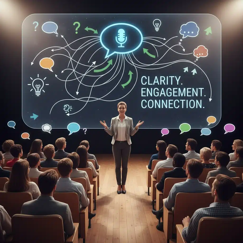 Person effectively communicating in a professional setting