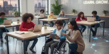 Students engaged in equitable online learning with diverse technology in a modern classroom.
