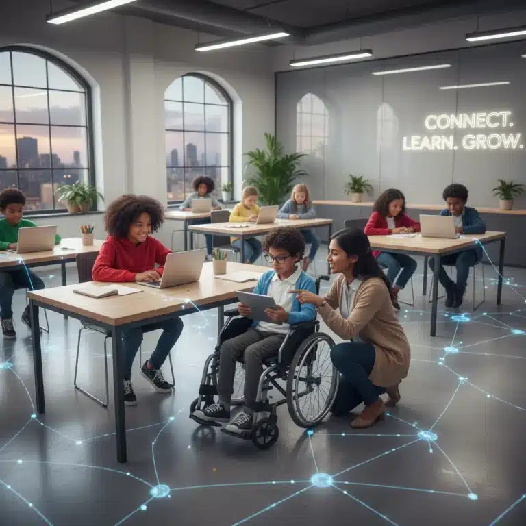 Students engaged in equitable online learning with diverse technology in a modern classroom.