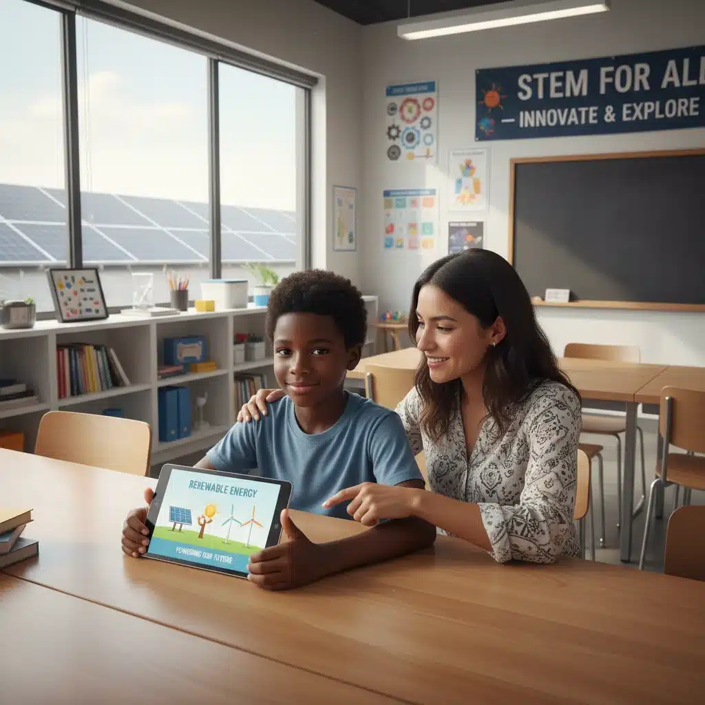 Student in community center learning renewable energy with tablet and mentor