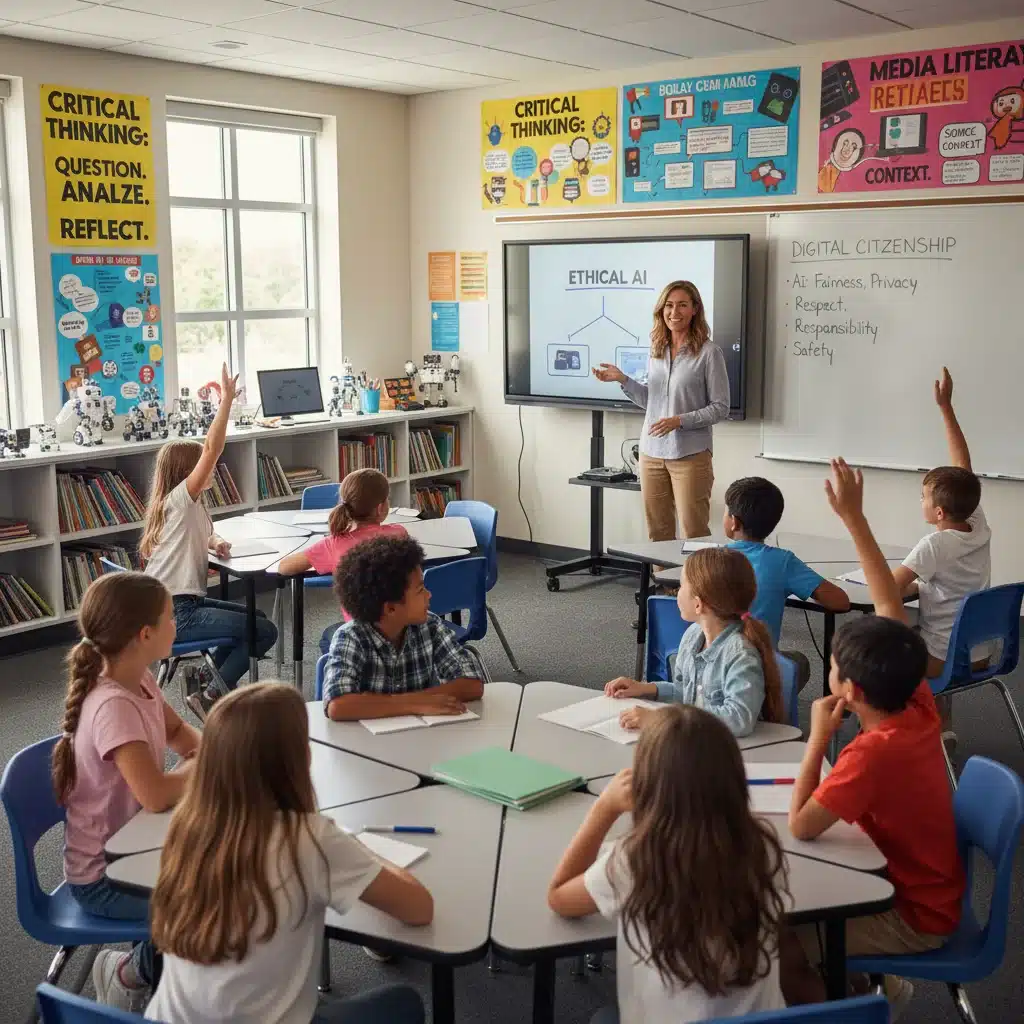 Teacher and students discussing ethical AI and digital citizenship