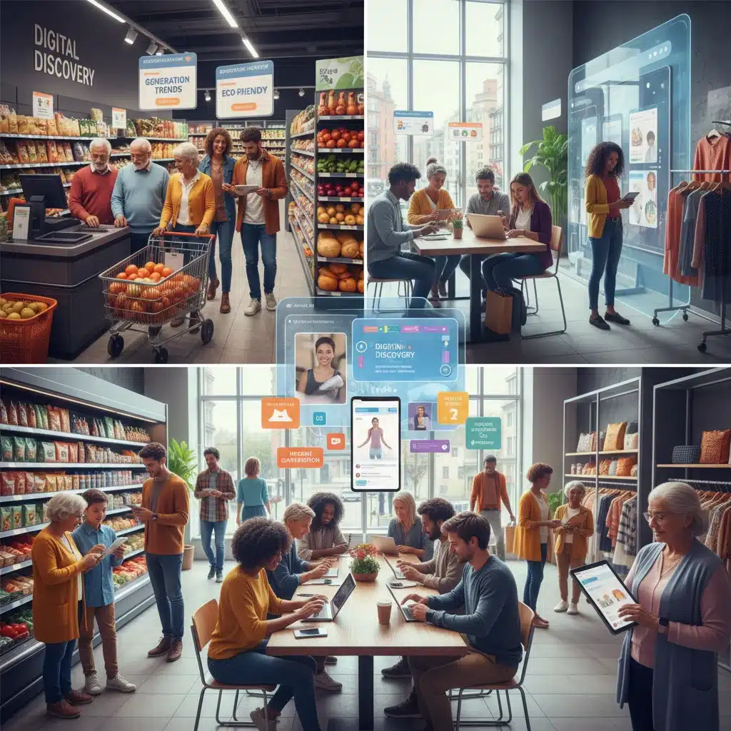 Diverse consumers engaging with products and services, reflecting evolving consumption patterns.