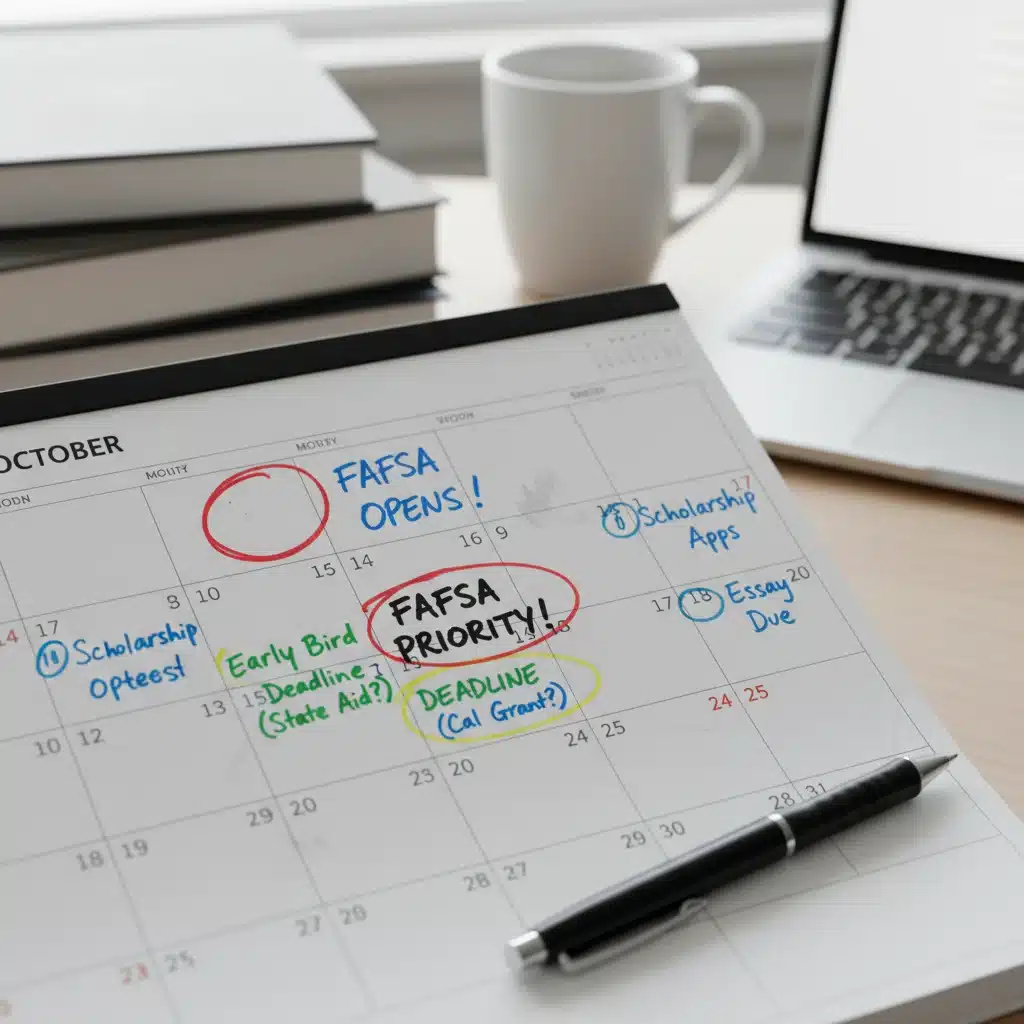 Calendar highlighting important FAFSA application deadlines