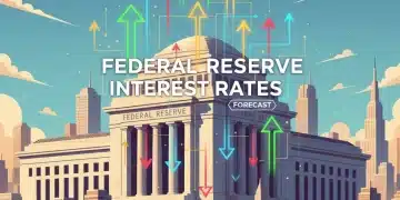 Federal Reserve building with interest rate arrows and economic cityscape