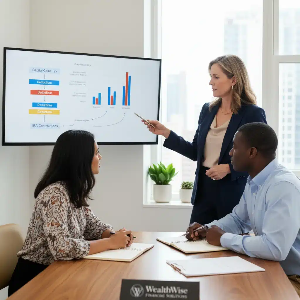 Financial advisor explaining tax strategies to a couple in a modern office.