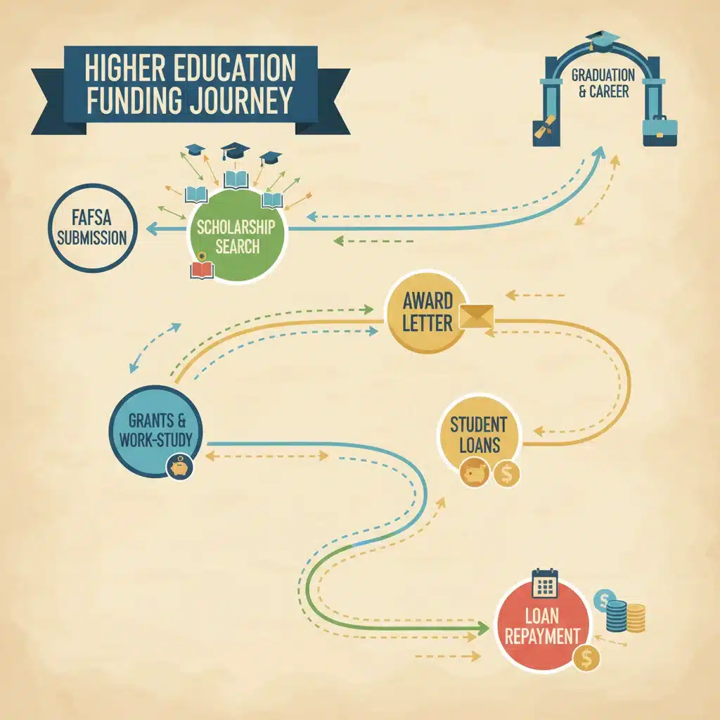 Financial aid journey roadmap with FAFSA, scholarships, and loan repayment milestones