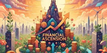 Person on mountain peak overlooking investments, symbolizing financial freedom