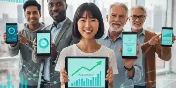 People using financial wellness apps on their devices in a modern setting