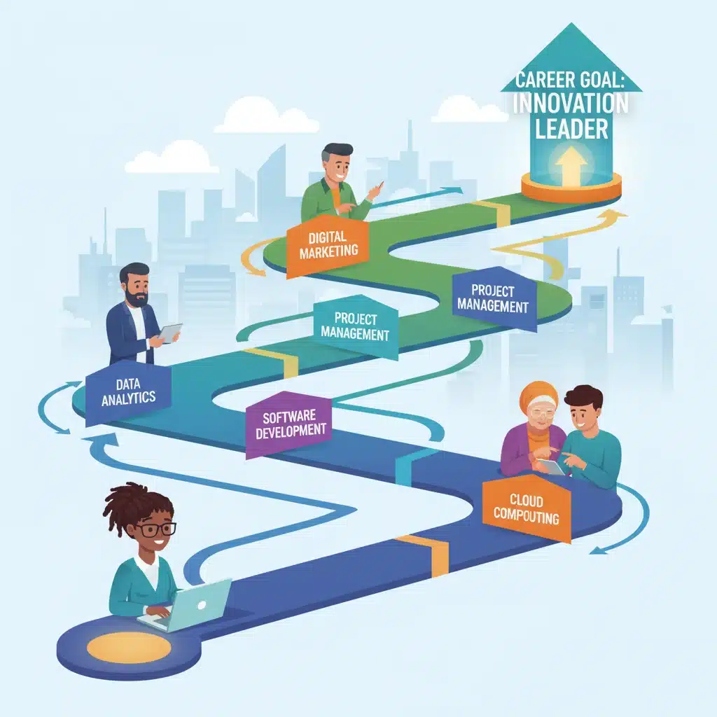 Visual representation of a flexible learning pathway through micro-credentials for diverse learners.