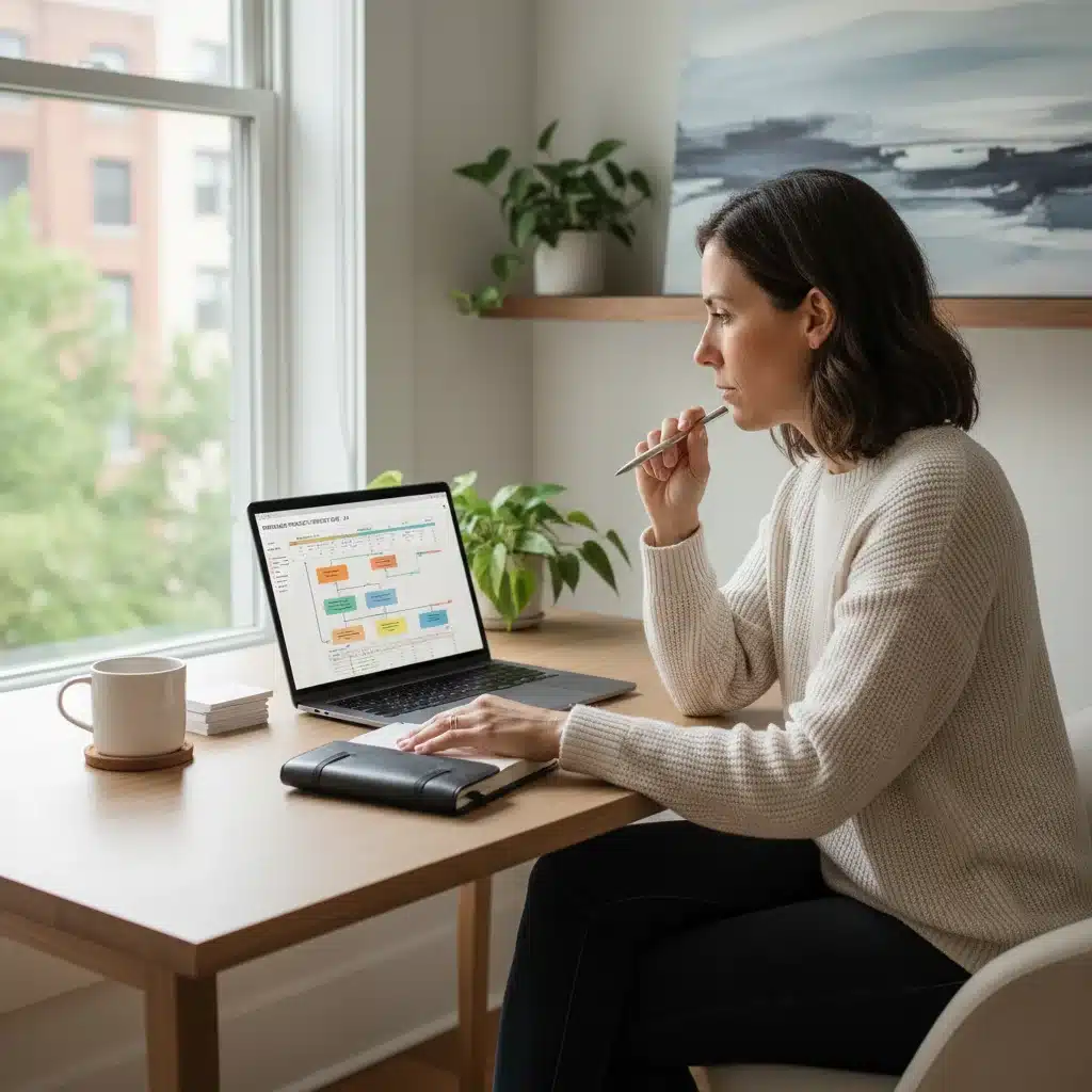 Individual planning freelance projects in a modern home office, symbolizing strategic career development.