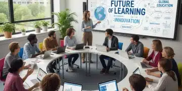 Students and teachers collaborating in a modern classroom, symbolizing future education policy.