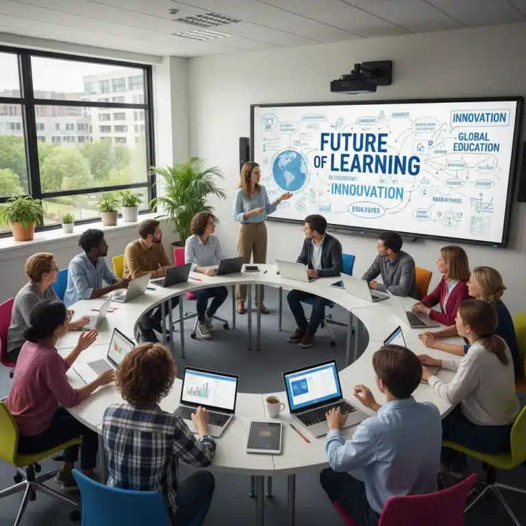 Students and teachers collaborating in a modern classroom, symbolizing future education policy.