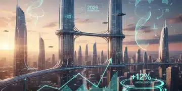 Futuristic city skyline with digital economic data overlays representing 2026 consumer spending forecast.