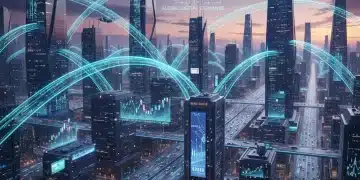 Futuristic city skyline representing global economic growth and technological advancement.
