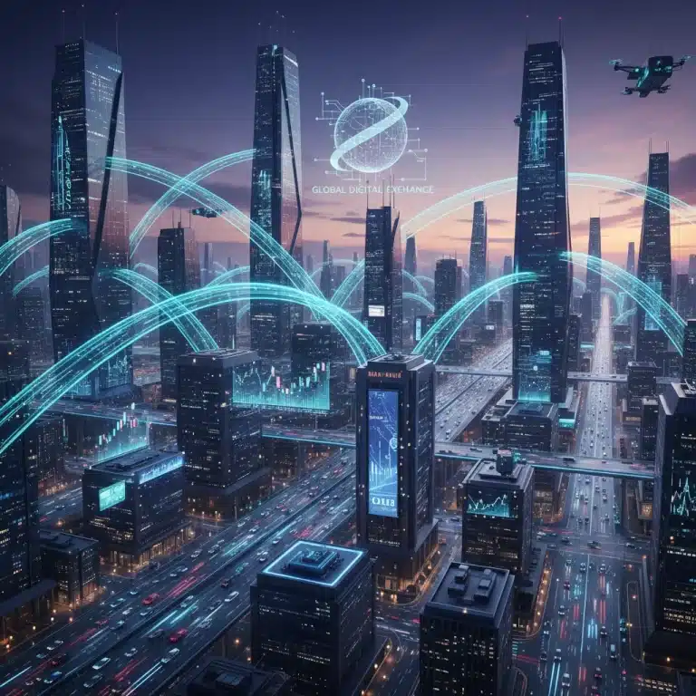 Futuristic city skyline representing global economic growth and technological advancement.