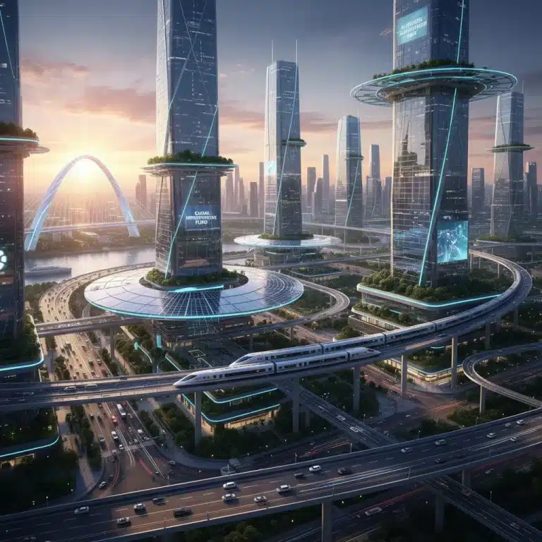 Futuristic city skyline with advanced infrastructure representing economic growth from spending