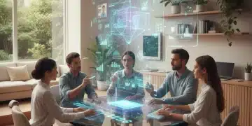 Futuristic remote team collaboration on holographic screen in 2026