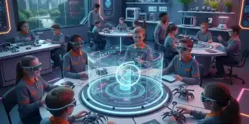Students engaged in futuristic STEM classroom activities with AR and robotics