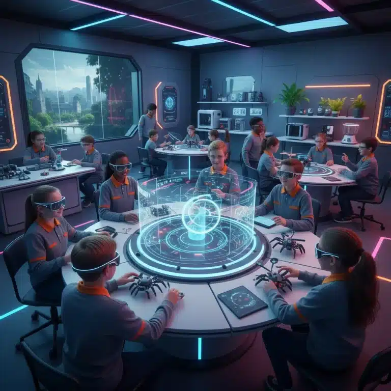 Students engaged in futuristic STEM classroom activities with AR and robotics