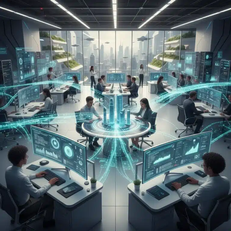 Professionals working on futuristic tech projects, illustrating high-growth tech careers in 2026.