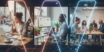 Freelancers working remotely in a dynamic, interconnected digital environment, symbolizing the gig economy's future.