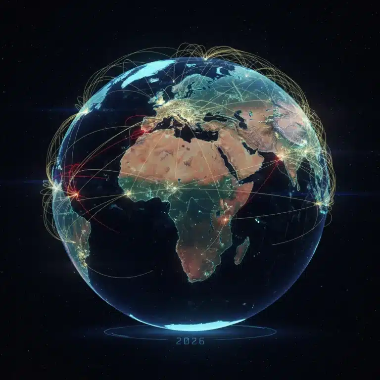 Digital globe showing global economic connections and 2026 forecast