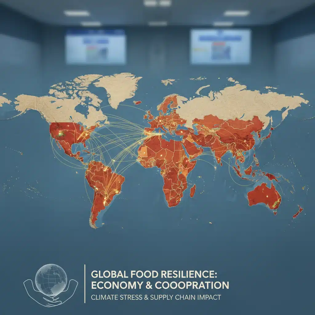 Global map showing food scarcity, climate stress, and interconnected supply chains