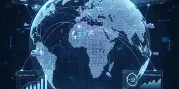 Global trade network map with economic data, symbolizing future trade agreements in 2026.
